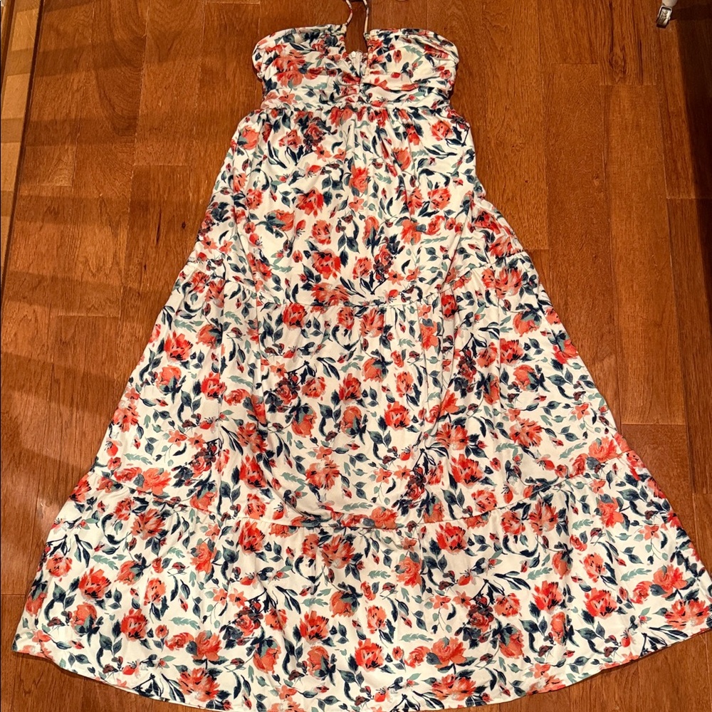 Floral (coral and green) halter maxi dress